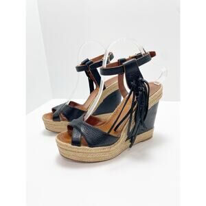 Valentino Black Leather Fringed Espadrille Wedge Sandals Size 38.5
